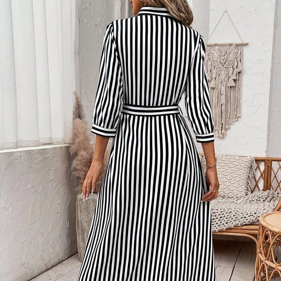 Black Boho Womens Striped Belted Shirt Dress - Picture 2 of 5